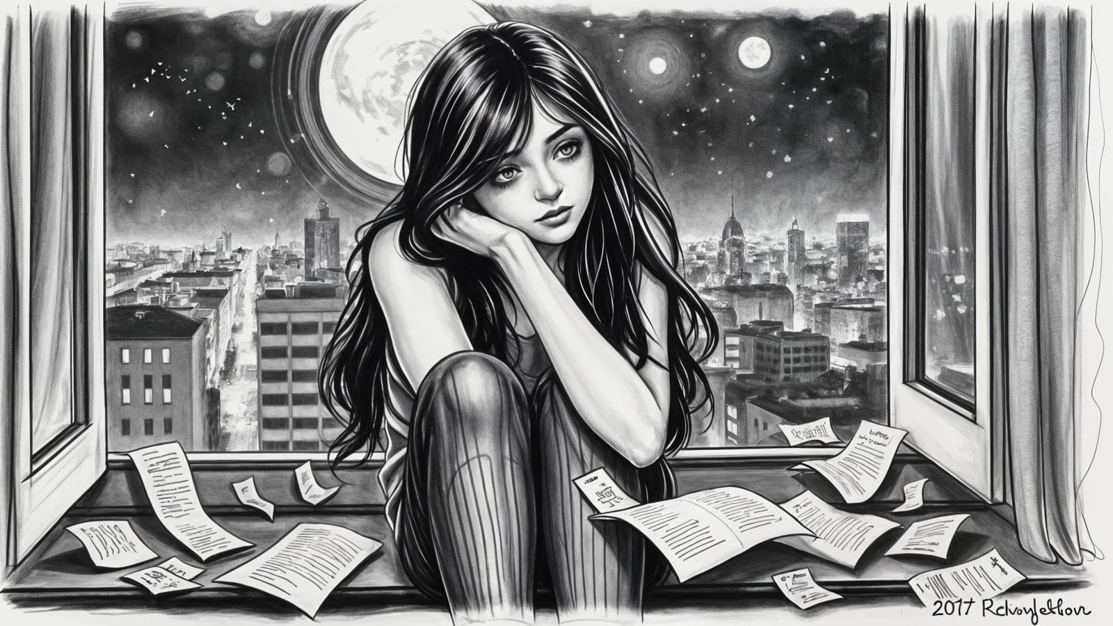 A Melancholic Portrait in Charcoal Drawing