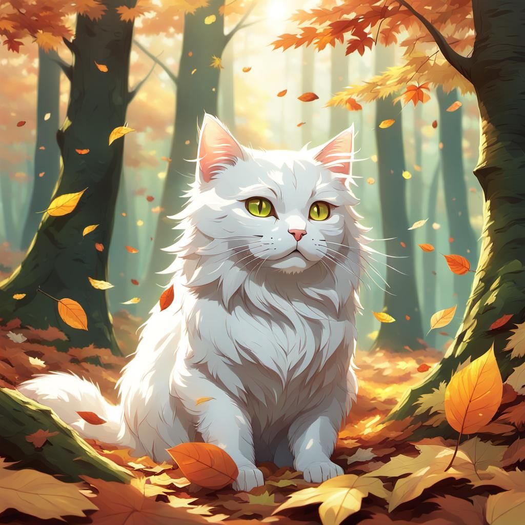 Chat blanc qui se roule dans les feuilles d'automne