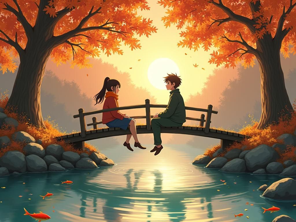 Couple on Bridge in Autumn Anime Style