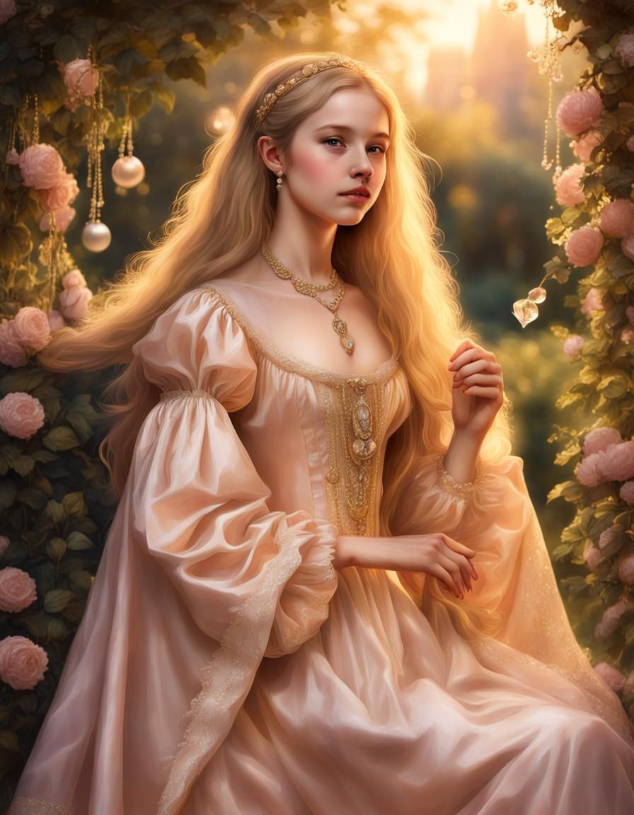 Renaissance Girl in Golden Gown, Artistic Painting