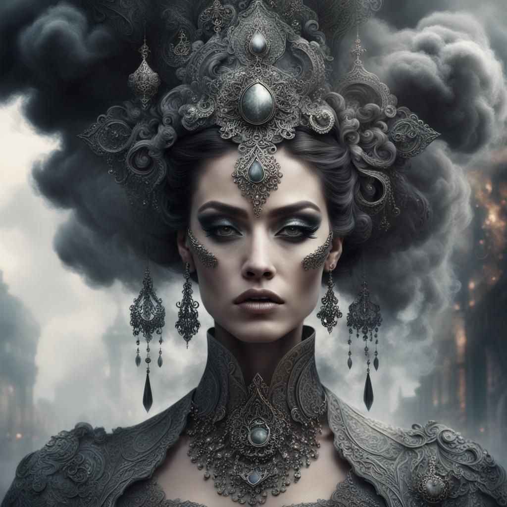 Dramatic Woman in Grey Smoke, Digital Art