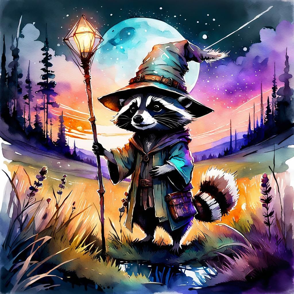 Cute Raccoon Wizard in Meadow: Watercolor Art