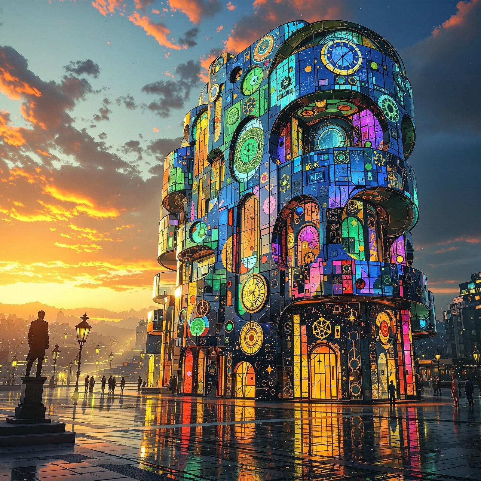 Gustav Klimt-Inspired Futuristic Mansion in Golden Hour