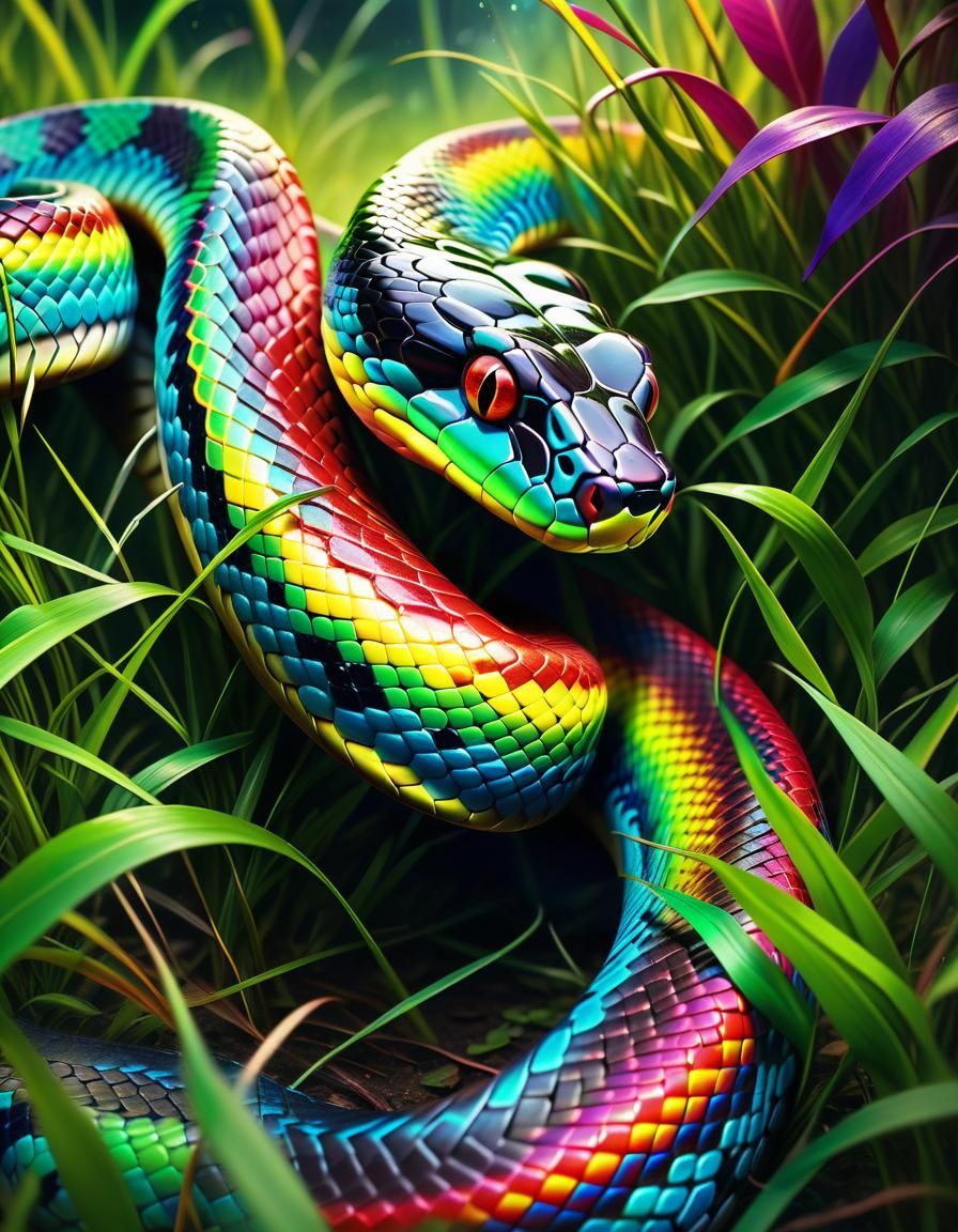 Rainbow Snake in Grass: Graffiti Art Style