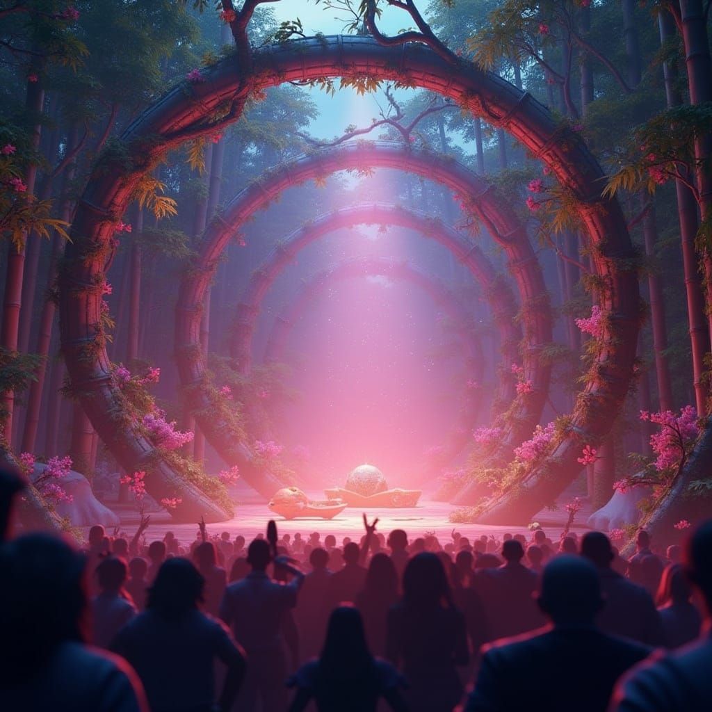 Vibrant 3D Bamboo Stage Design Under Golden Light