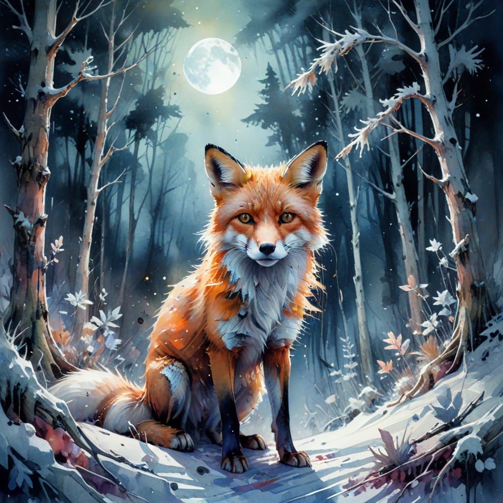 Moonlit Fox in Frosted Woodland Watercolor Illustration