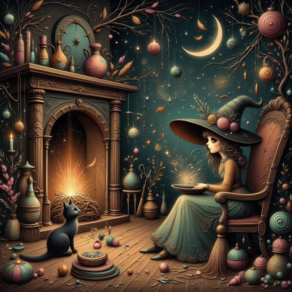 Whimsical Witch's Home Interior with Magical Chores