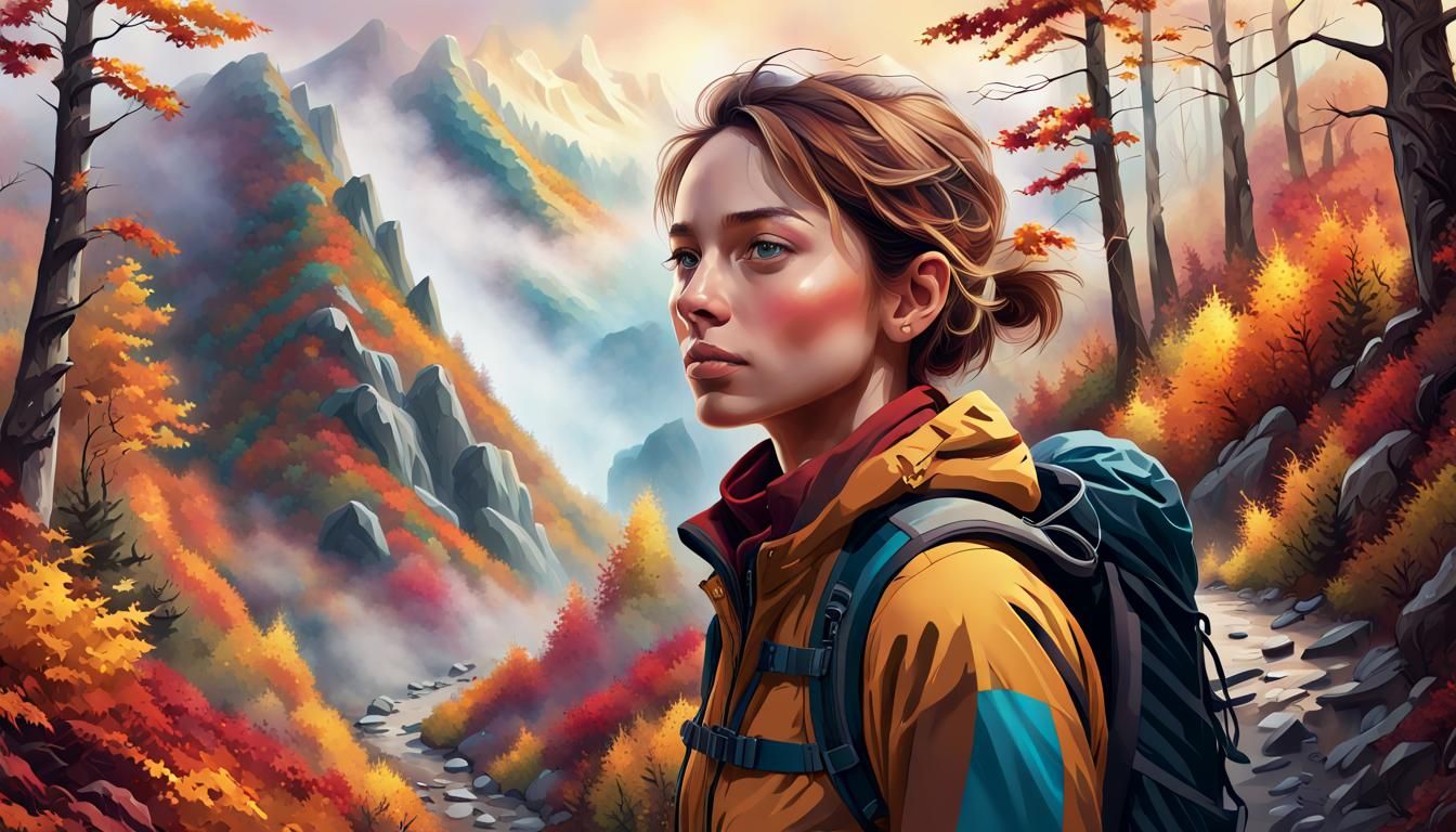 Hiker in Autumnal Mountain Paradise: Digital Art