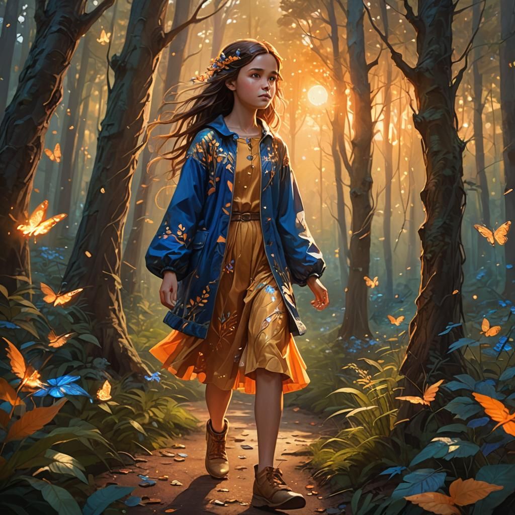 Enchanting Girl in Forest Sunset: Fantasy Concept Art