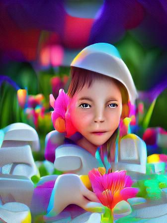 Cute Kid in Psychedelic Flower Garden