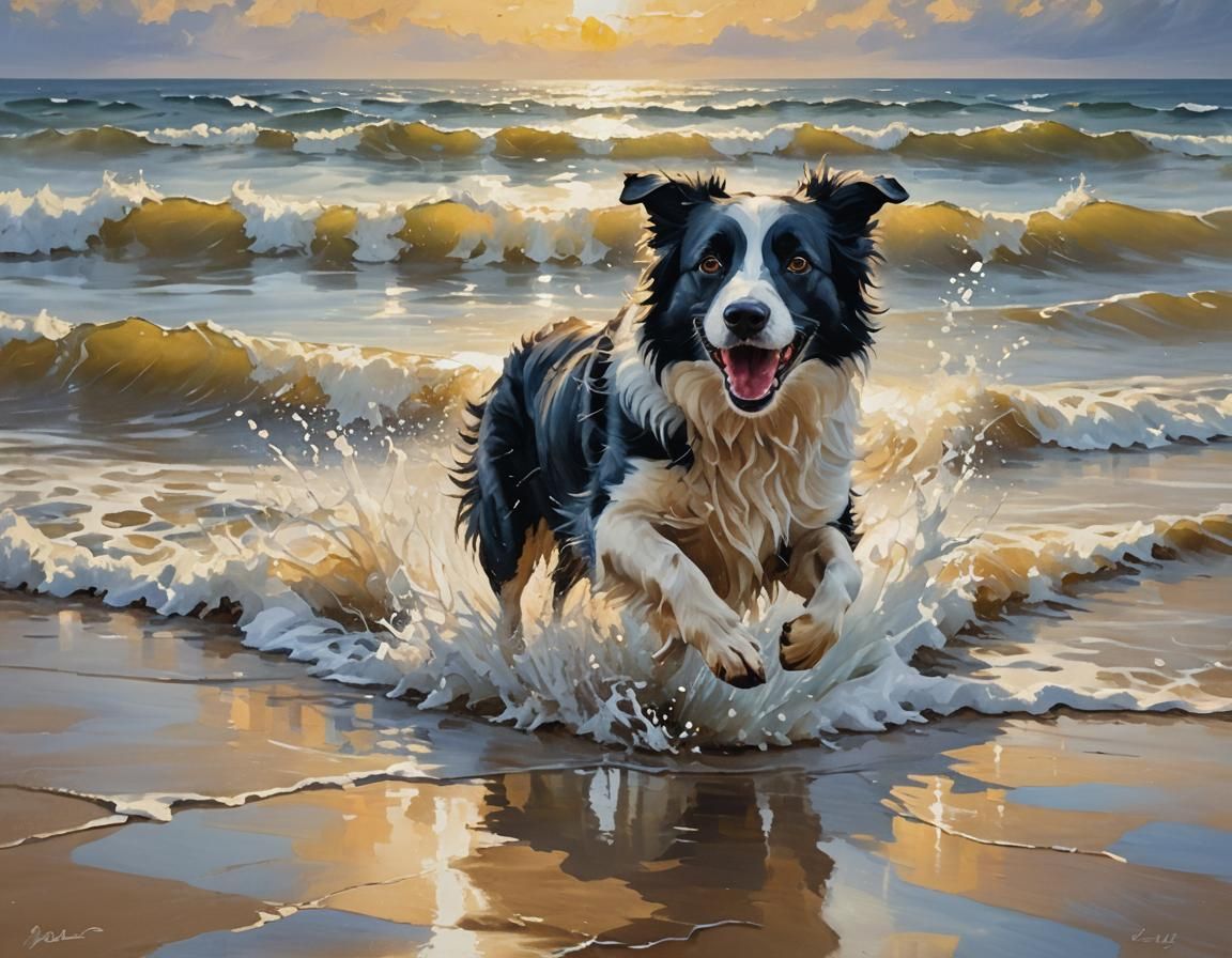 Border Collie Dog Running on Beach as Oil Painting
