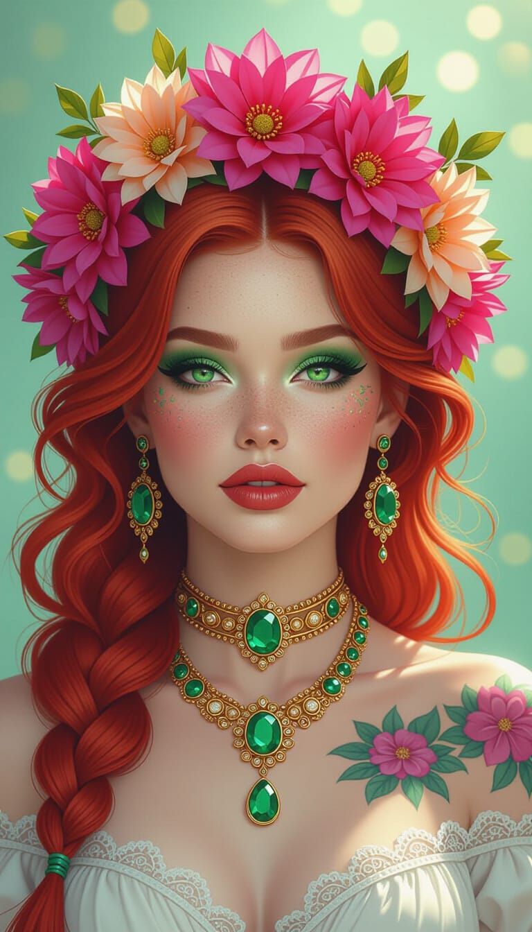 Woman with Floral Crown and Emerald Jewelry