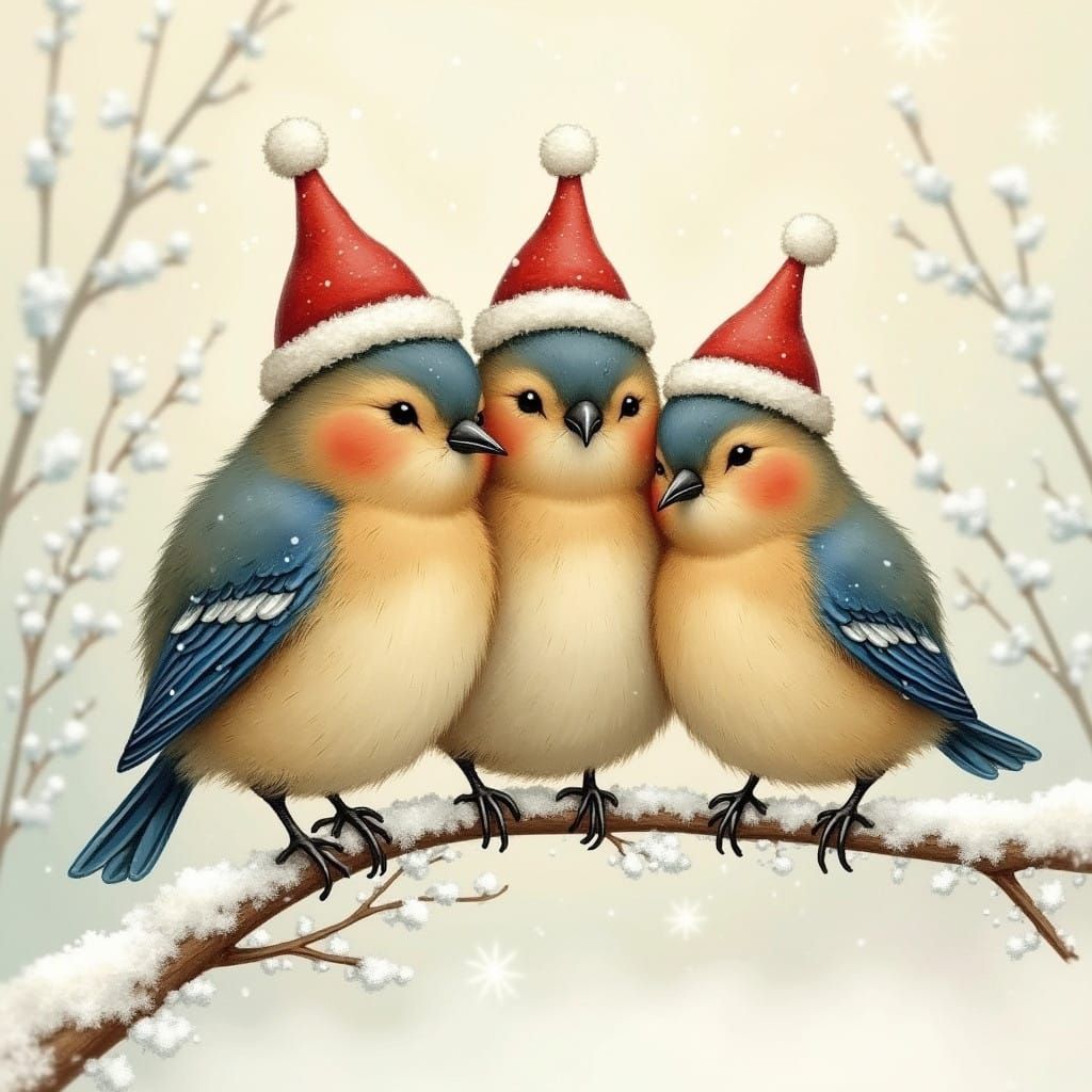 Whimsical Birds in Santa Hats Gather on a Snowy Branch