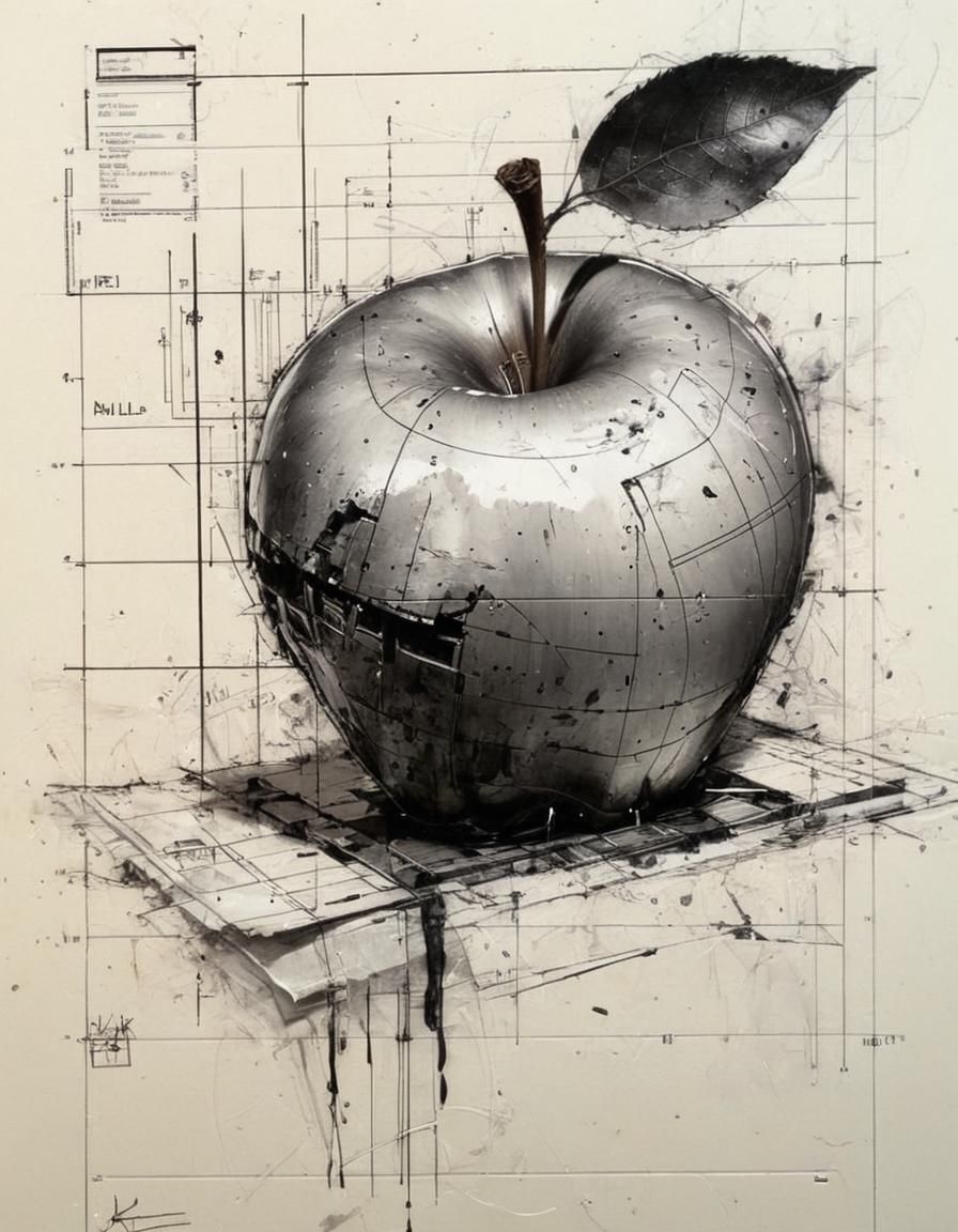 Blueprint Diagram of Apple with Equations in Charcoal Style