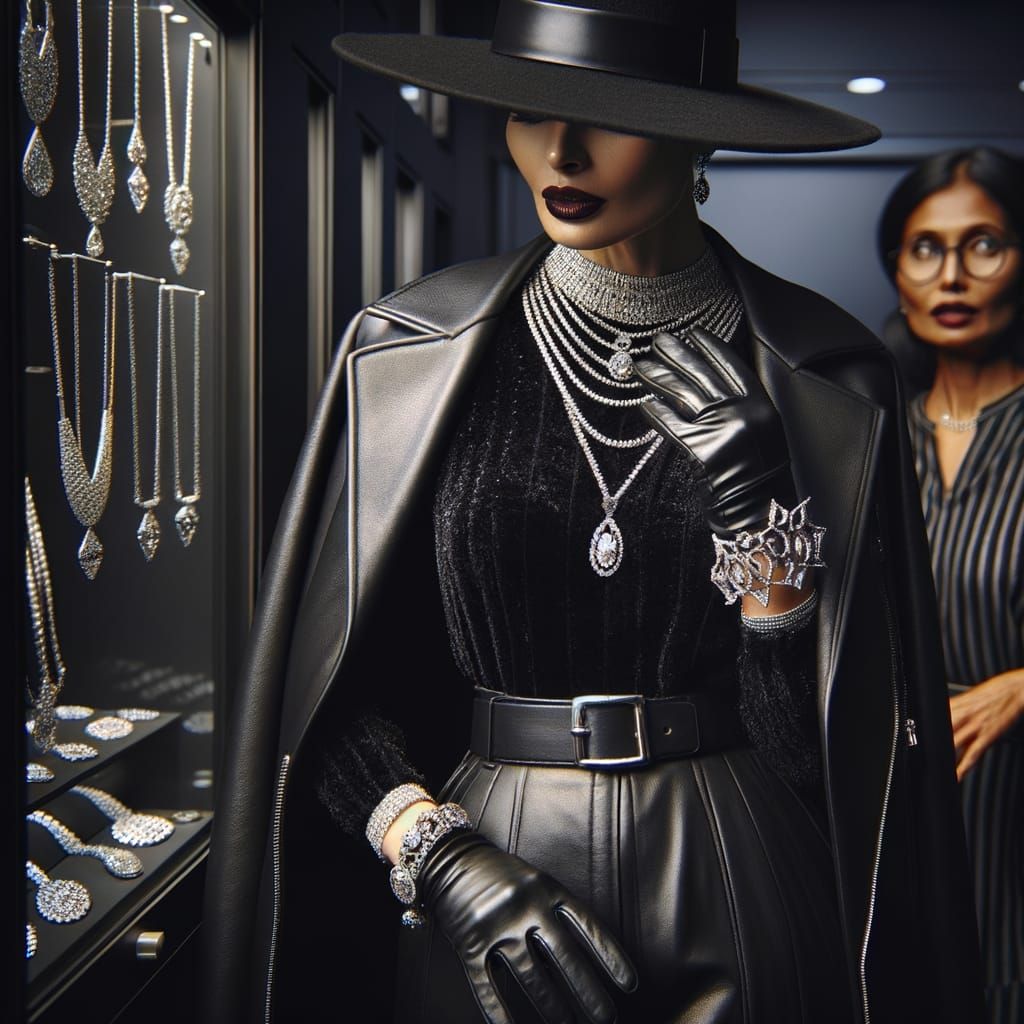 Stealthy Witch in Black Leather Attire Unveils Dark Glamour