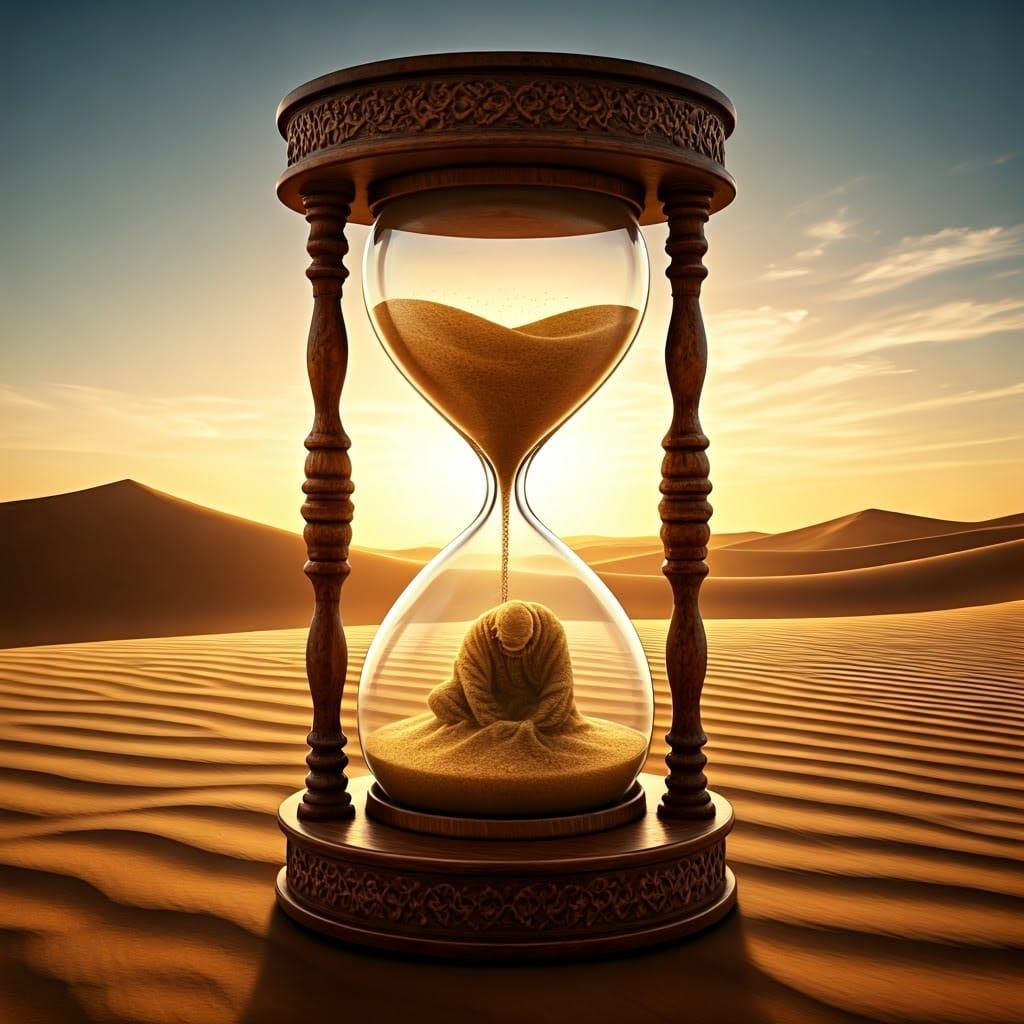 A close-up of a hyper-realistic, antique hourglass with a wooden frame and a large, ornate base. The hourglass is fill.....