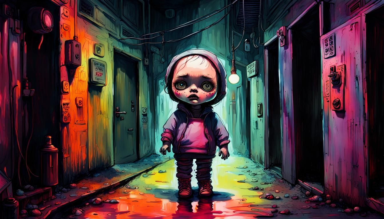 Eerie Doll in Liquid Metal Alley: Digital Illustration
