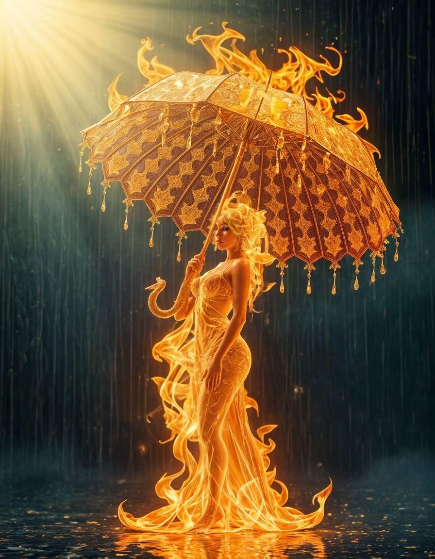 Enchanted Flame Figure with Diamond Rain Umbrella
