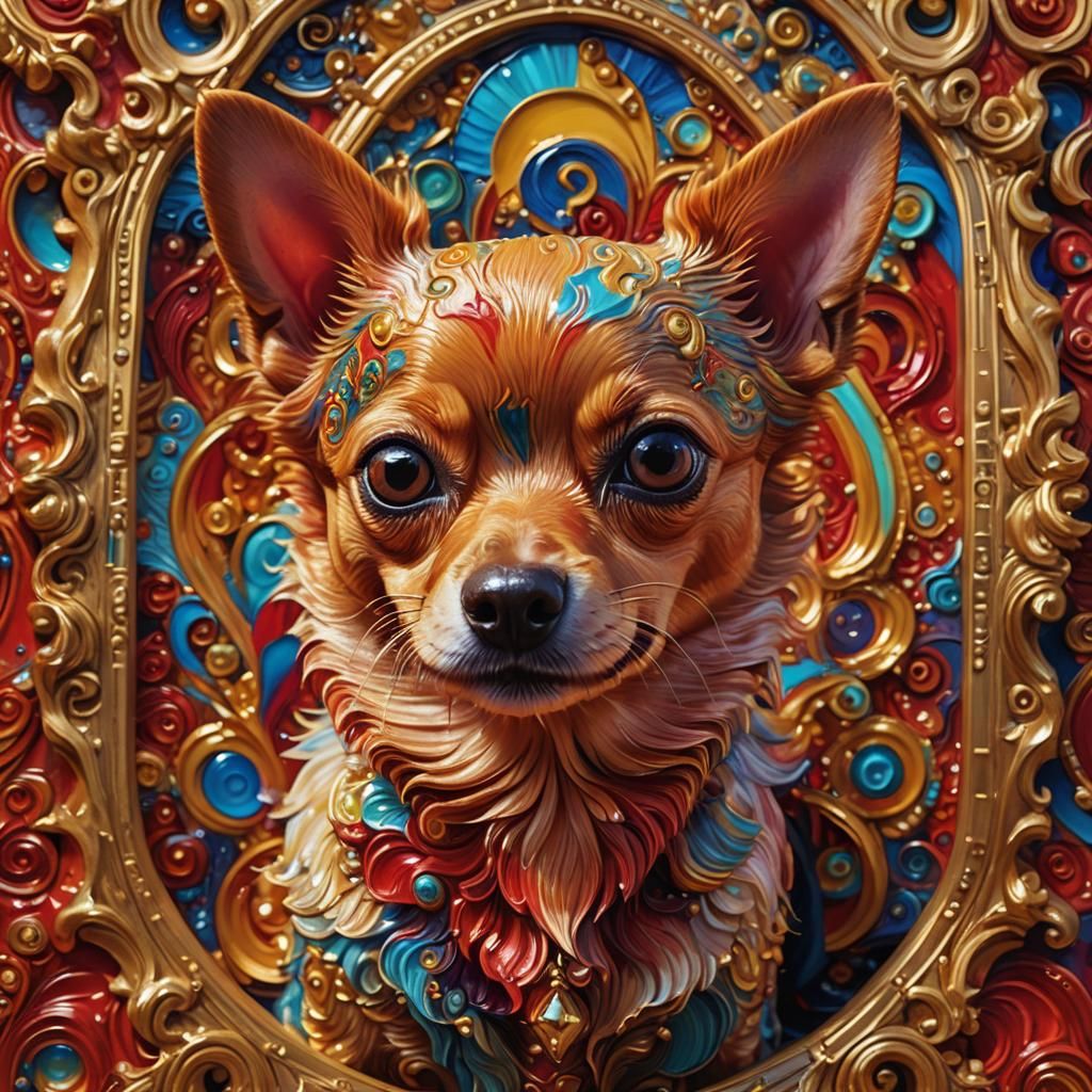 Psychedelic Chihuahua Portrait in Ornate Golden Frame