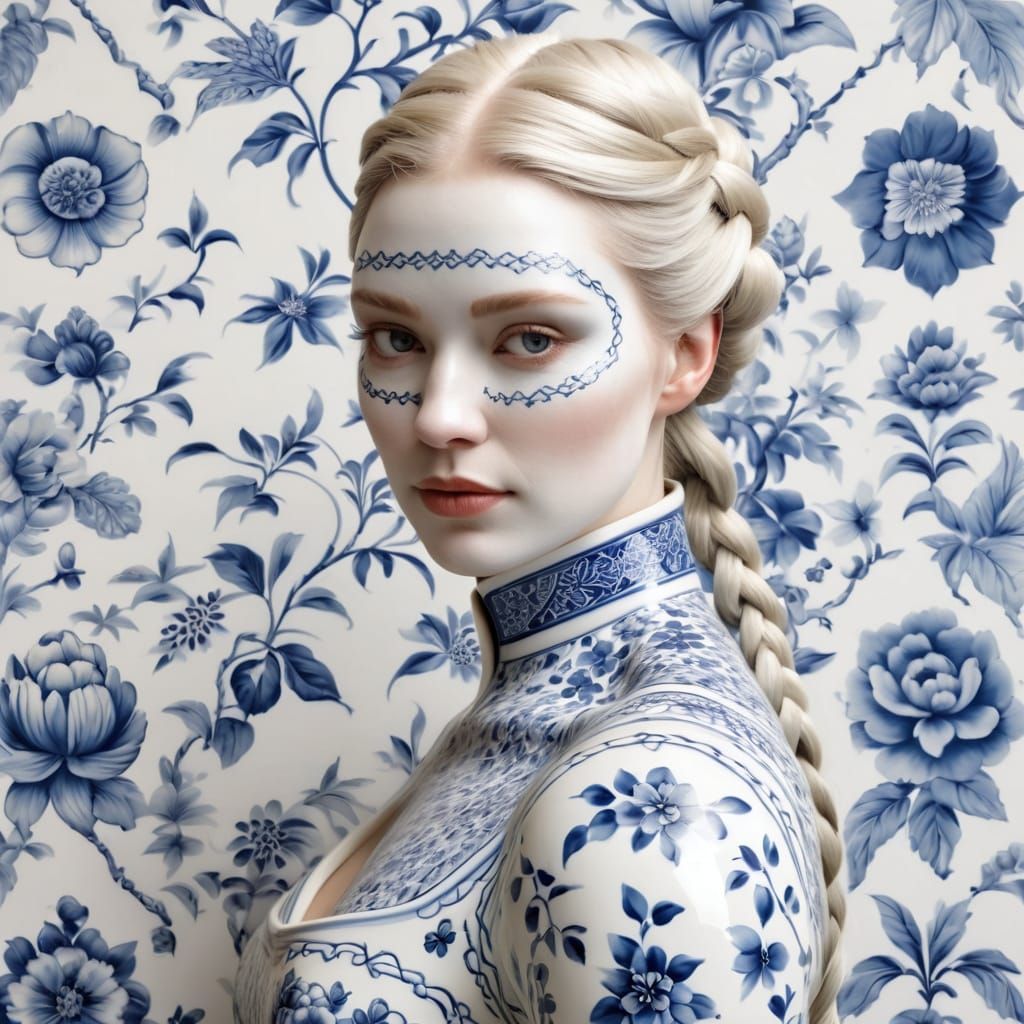 Elegant Delft Porcelain Portrait of a Blonde Girl