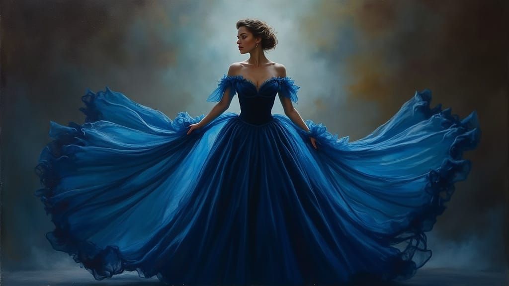 Elegant Woman in Blue Velvet Gown, Painterly Realism