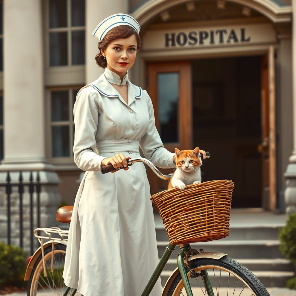 Vintage Nurse with Bicycle and Cat