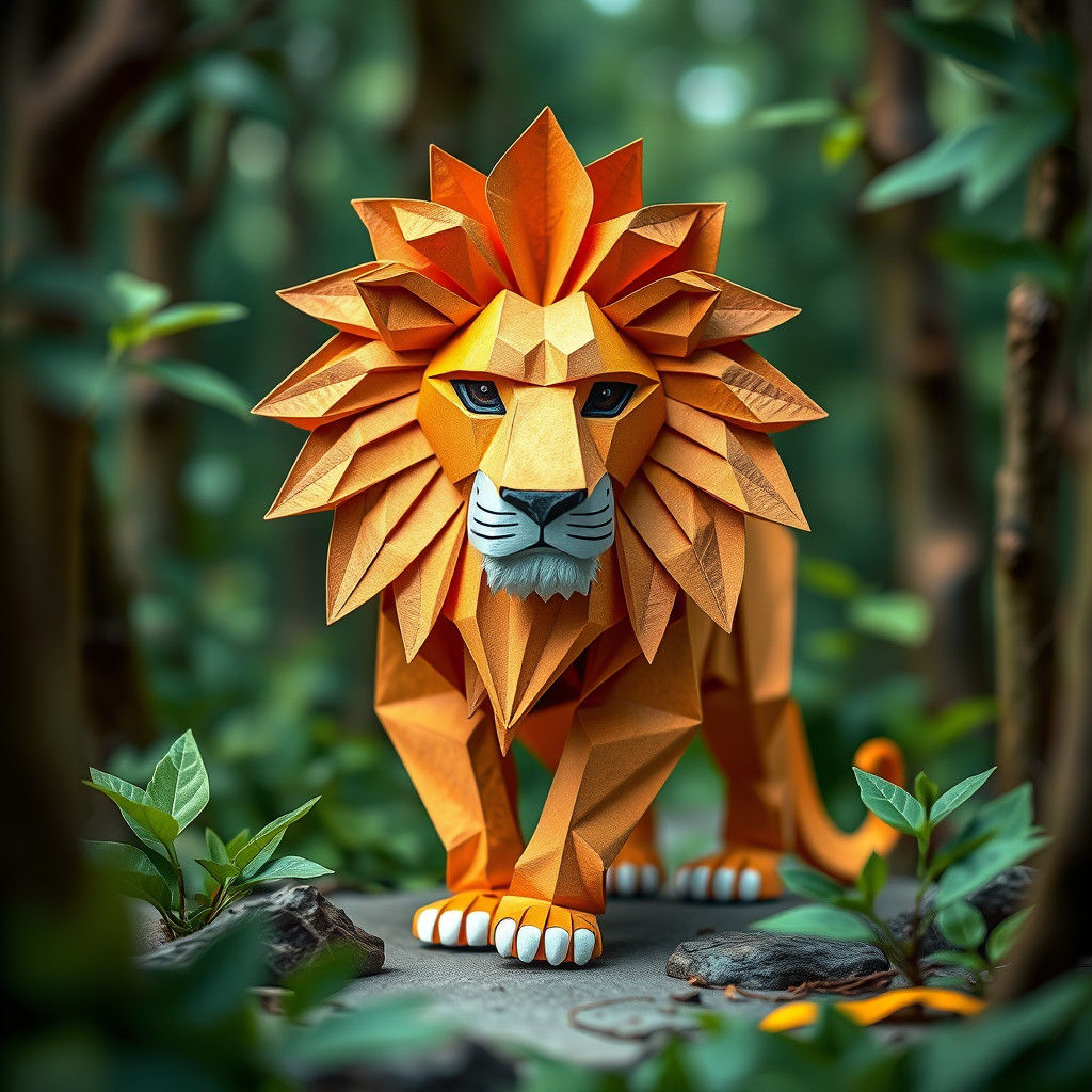 Origami Lion in Woods Papercraft in 8K