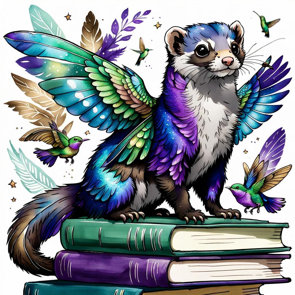 Winged Ferret Ink Illustration with Shimmering Dust
