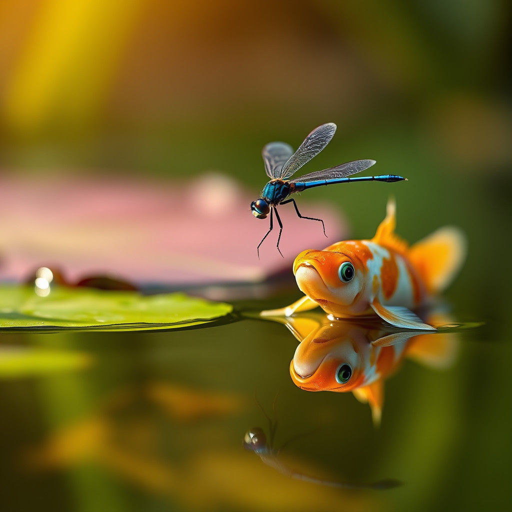Dragonfly and Koi Carp in Clear Water