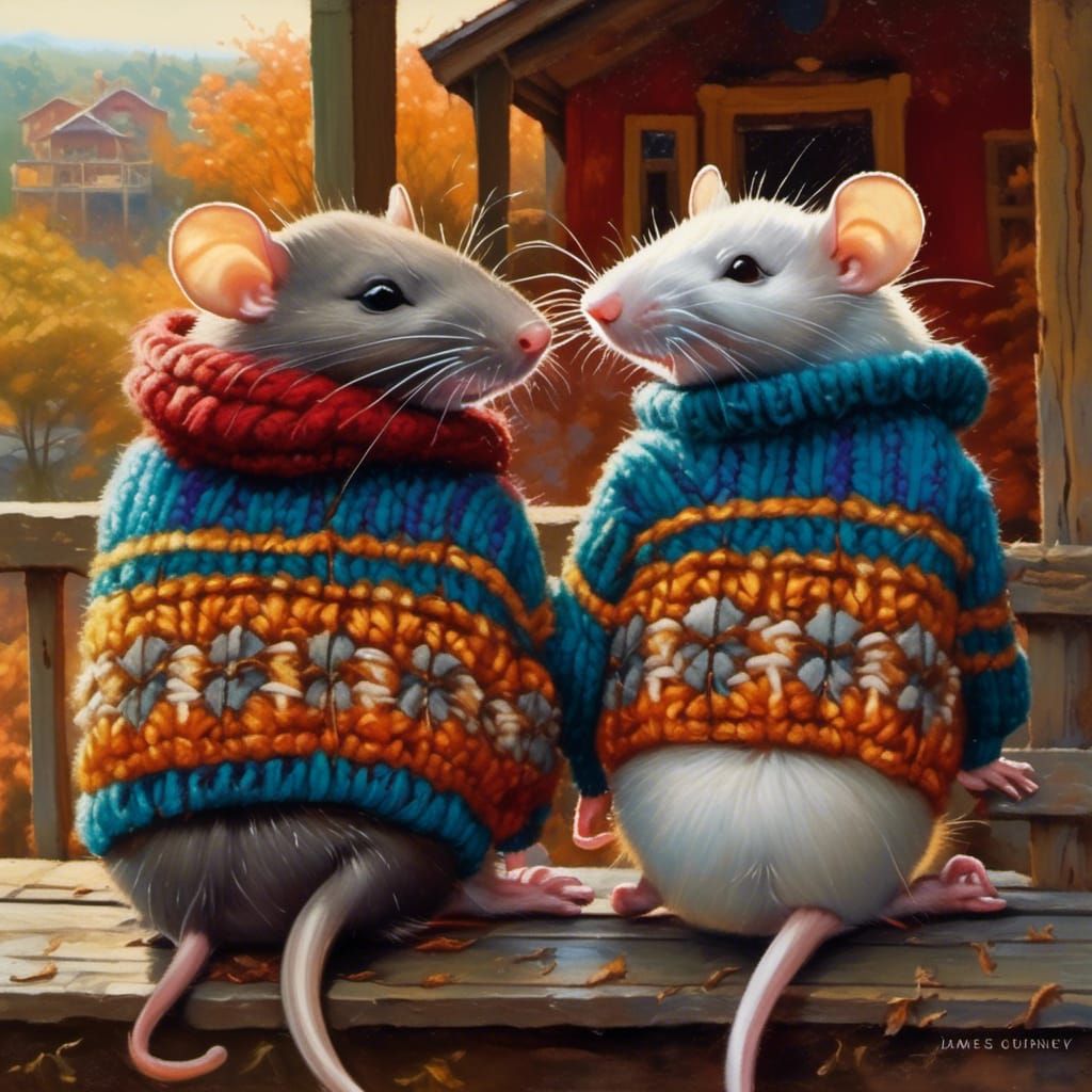 Rats in Sweaters on Autumn Cottage Porch