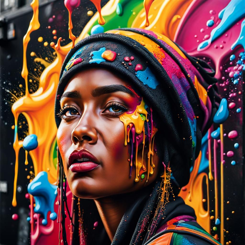 Hyperrealistic Woman in Colorful Graffiti Street Art