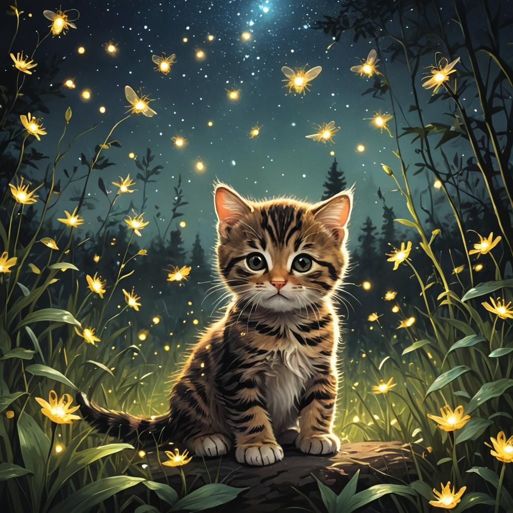 Kitten Playing with Fireflies at Night
