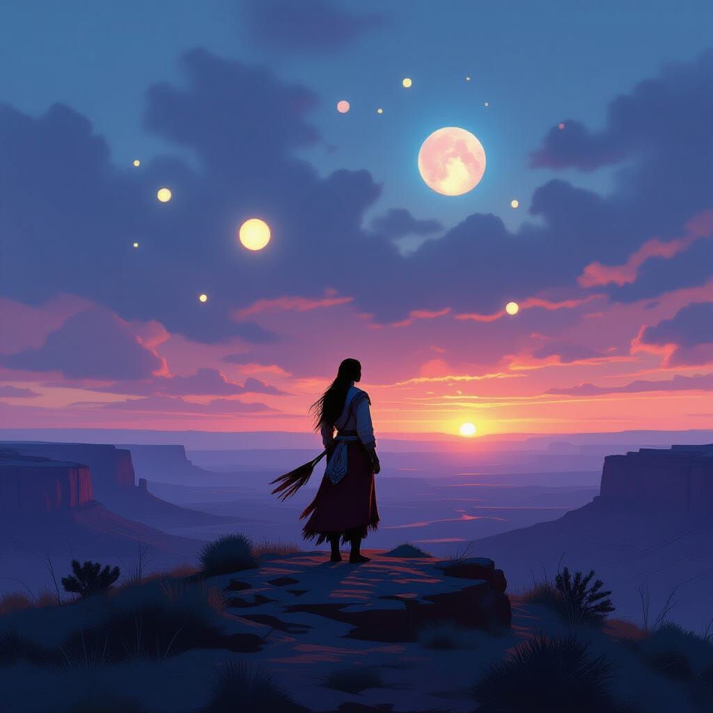 Native American Woman on Mesa at Twilight with Ethereal Ligh...