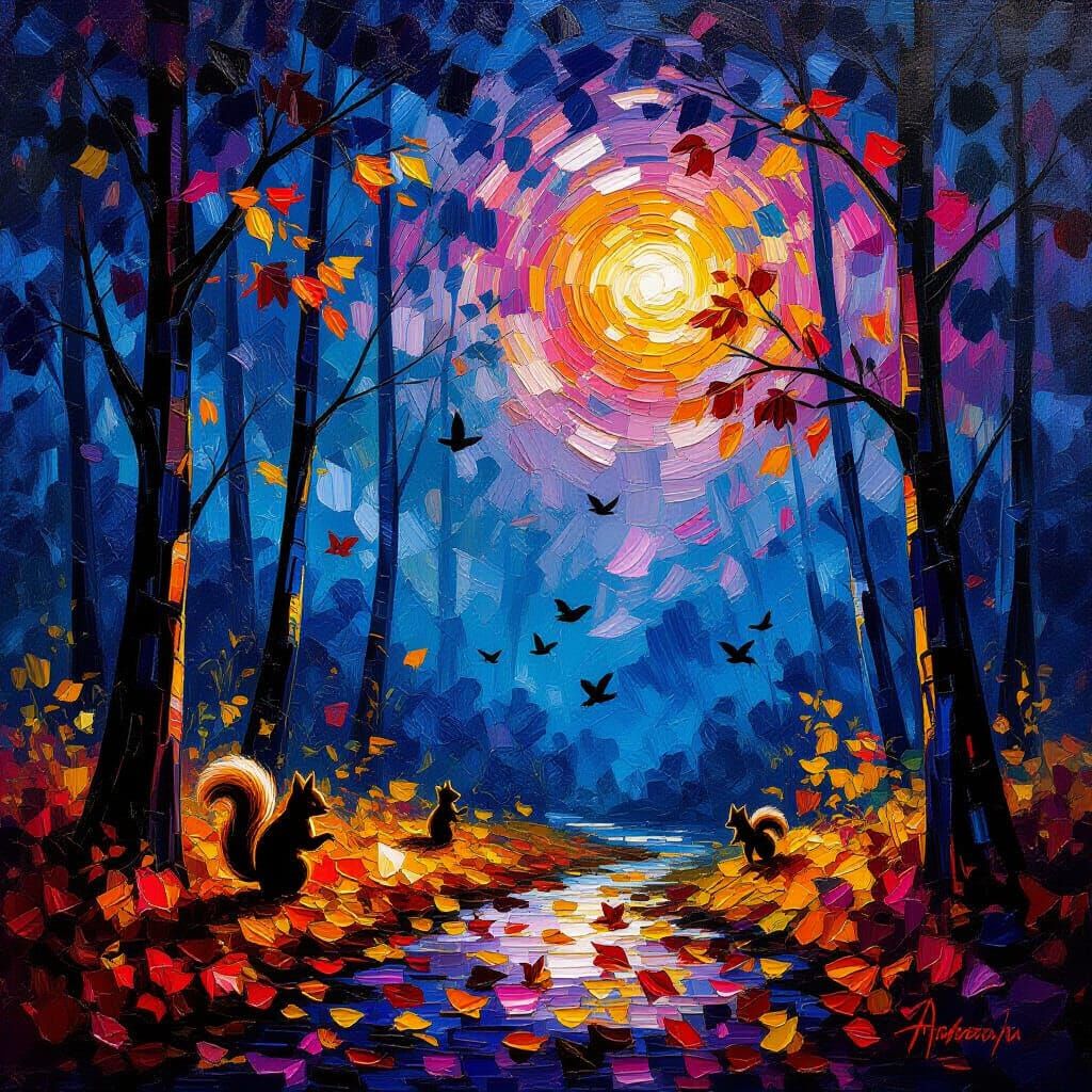 Vibrant Autumn Night Alive with Color and Swirling Leaves