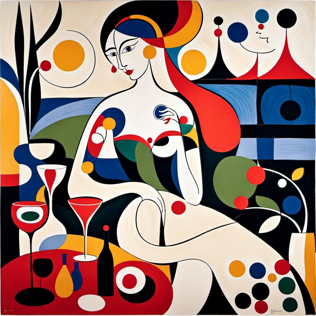WHITE  HAPPY  ELEGANTE 
WOMAN  DRINK THE GLASS OF RED VINE  in the style of MIRO HENRY MATISSE
