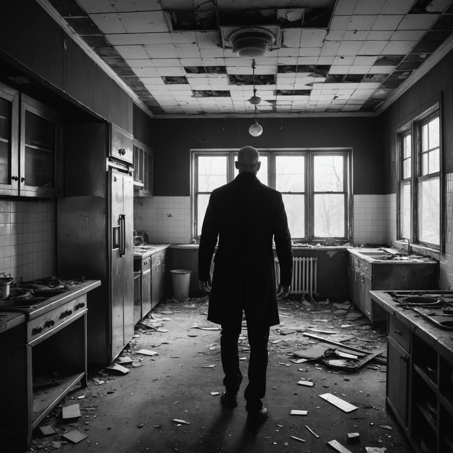 Ominous Man in Abandoned Kitchen: Photorealistic Image