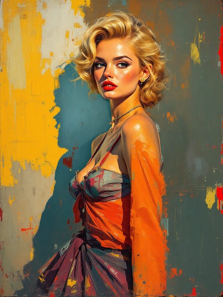 Blonde Pin-Up Woman in Textured Impasto Style