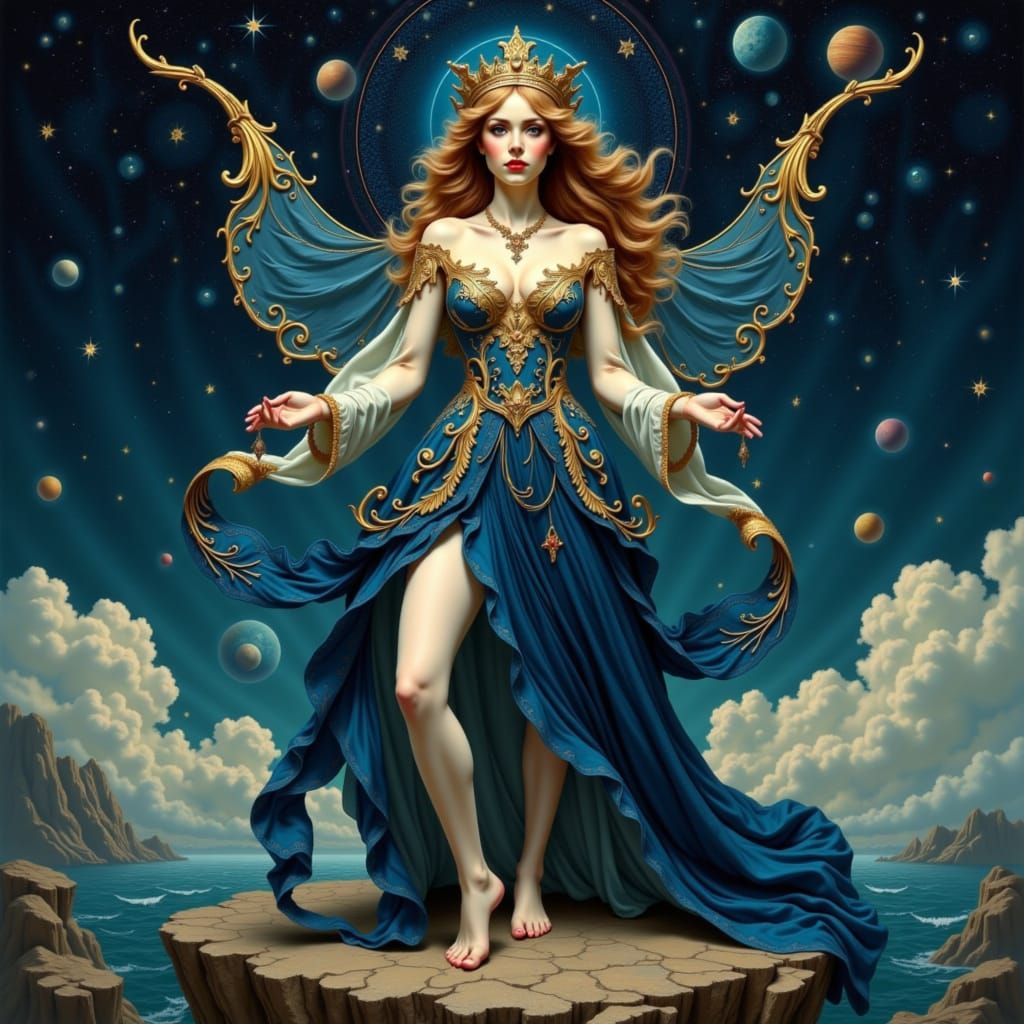 Celestial Being on Floating Island in Cosmic Ocean