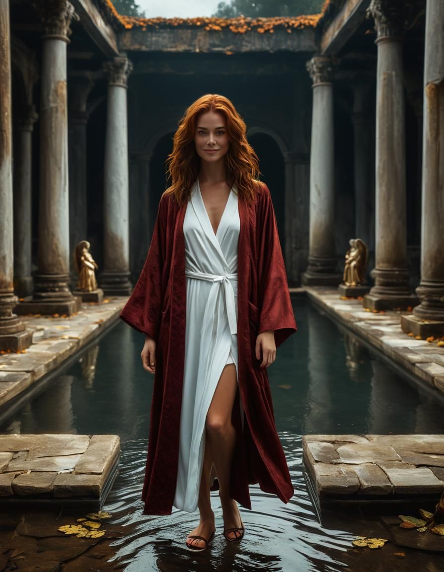 Renaissance Woman by Pool in Chiaroscuro Oil Painting