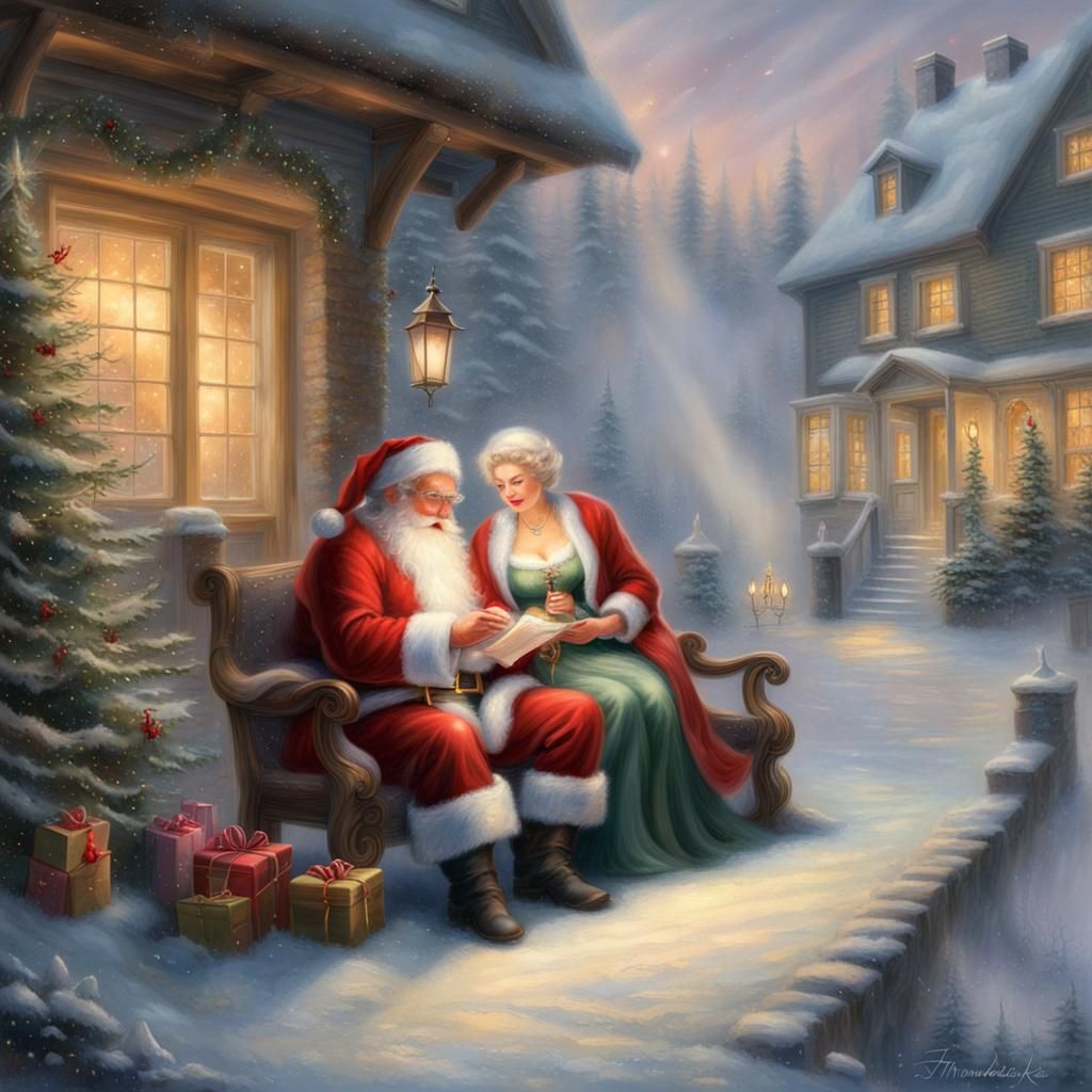 Santa and Mrs. Claus by Fireplace in Ethereal Style