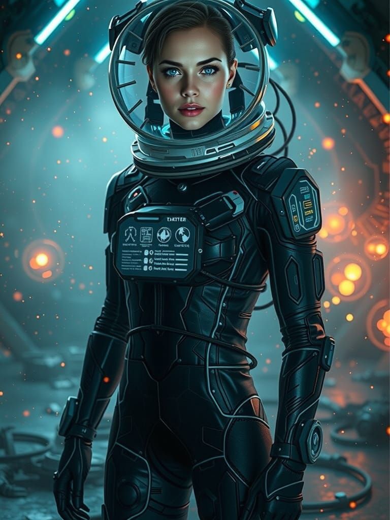 Sleek Female Astronaut in Cyberpunk Space Suit