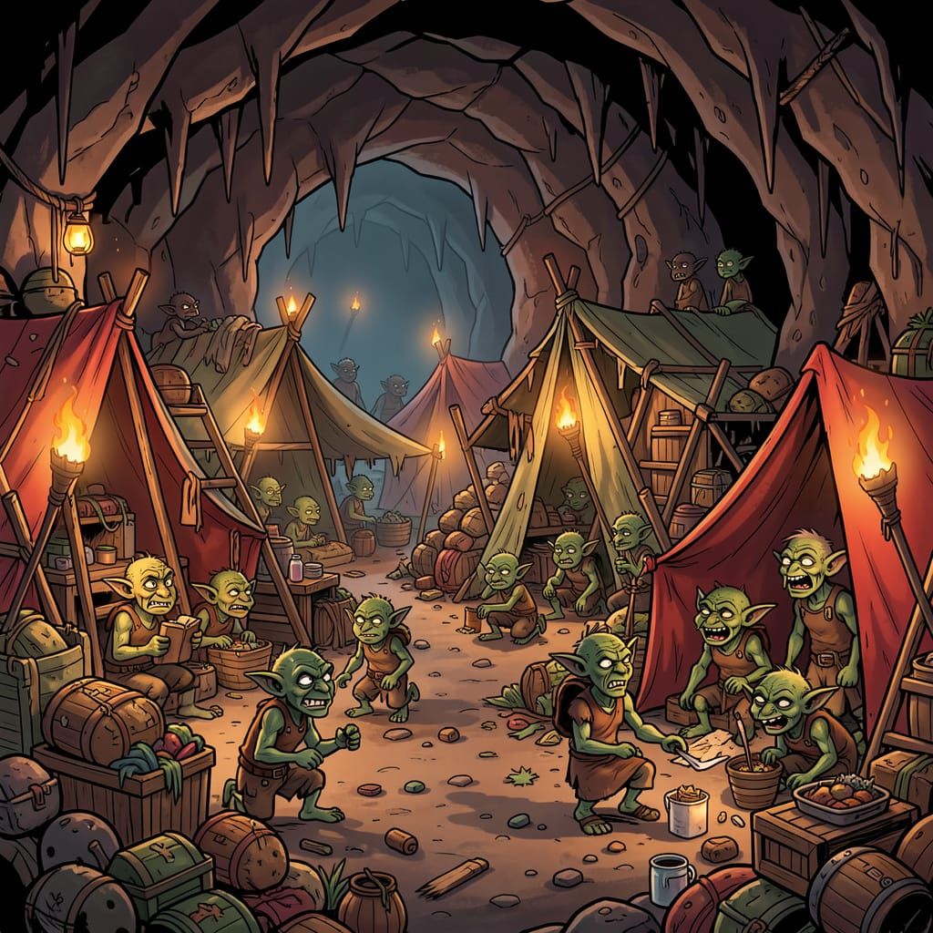 Chaotic Goblin Cave in Cartoon Fantasy Style