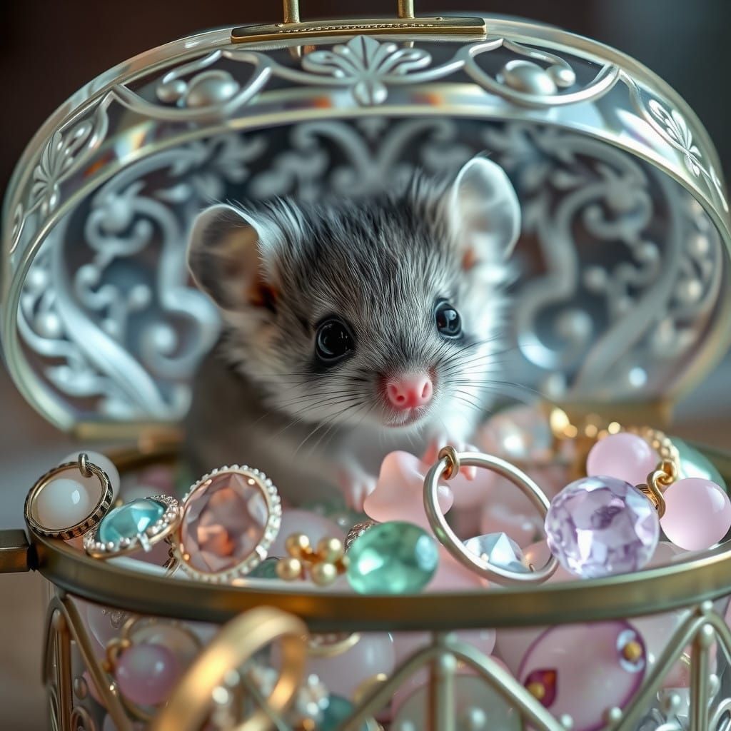 Whimsical Mouse in Antique Glass Jewelry Box