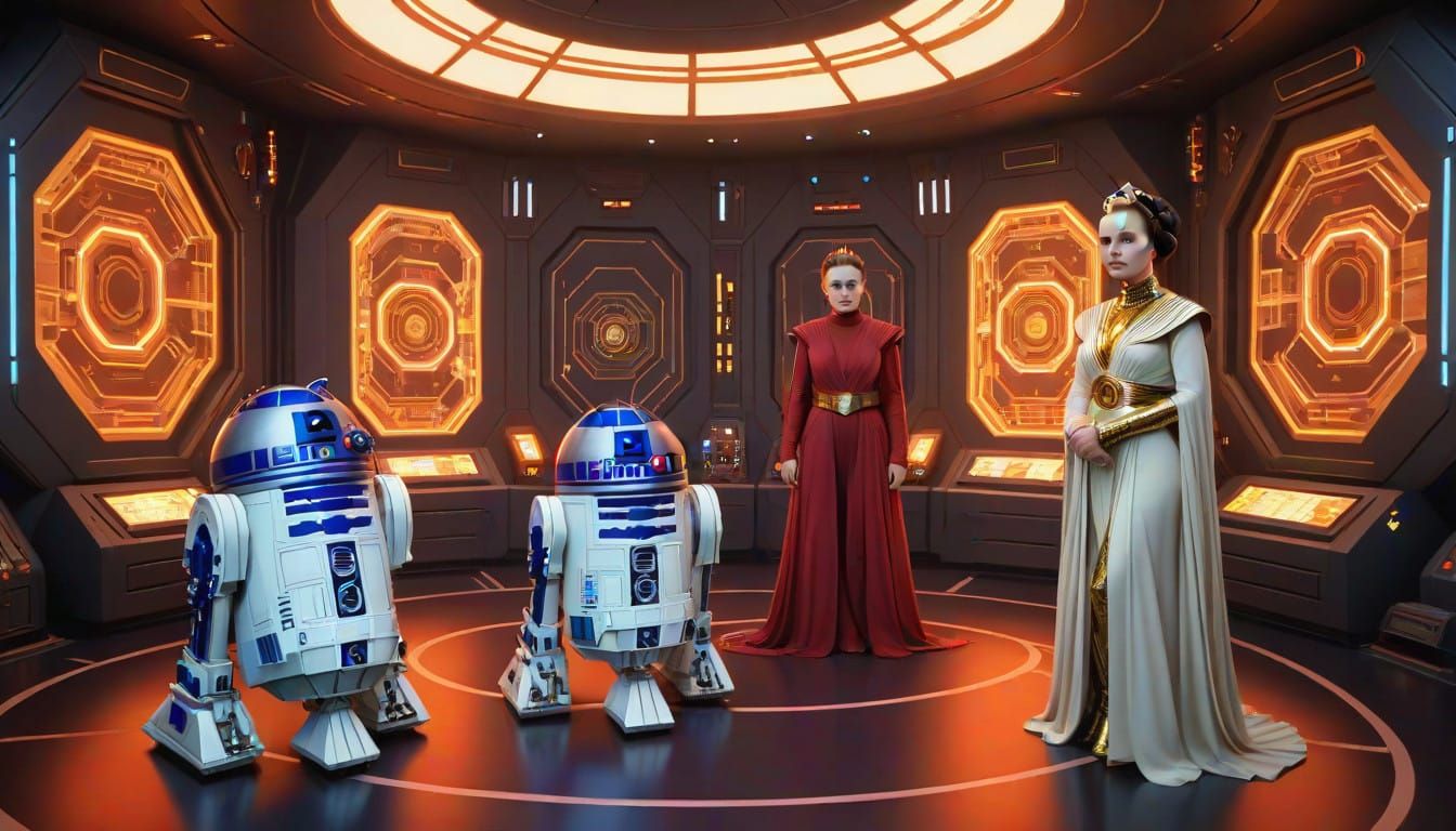 Galactic Droids in a Neon Temple of the Jedi