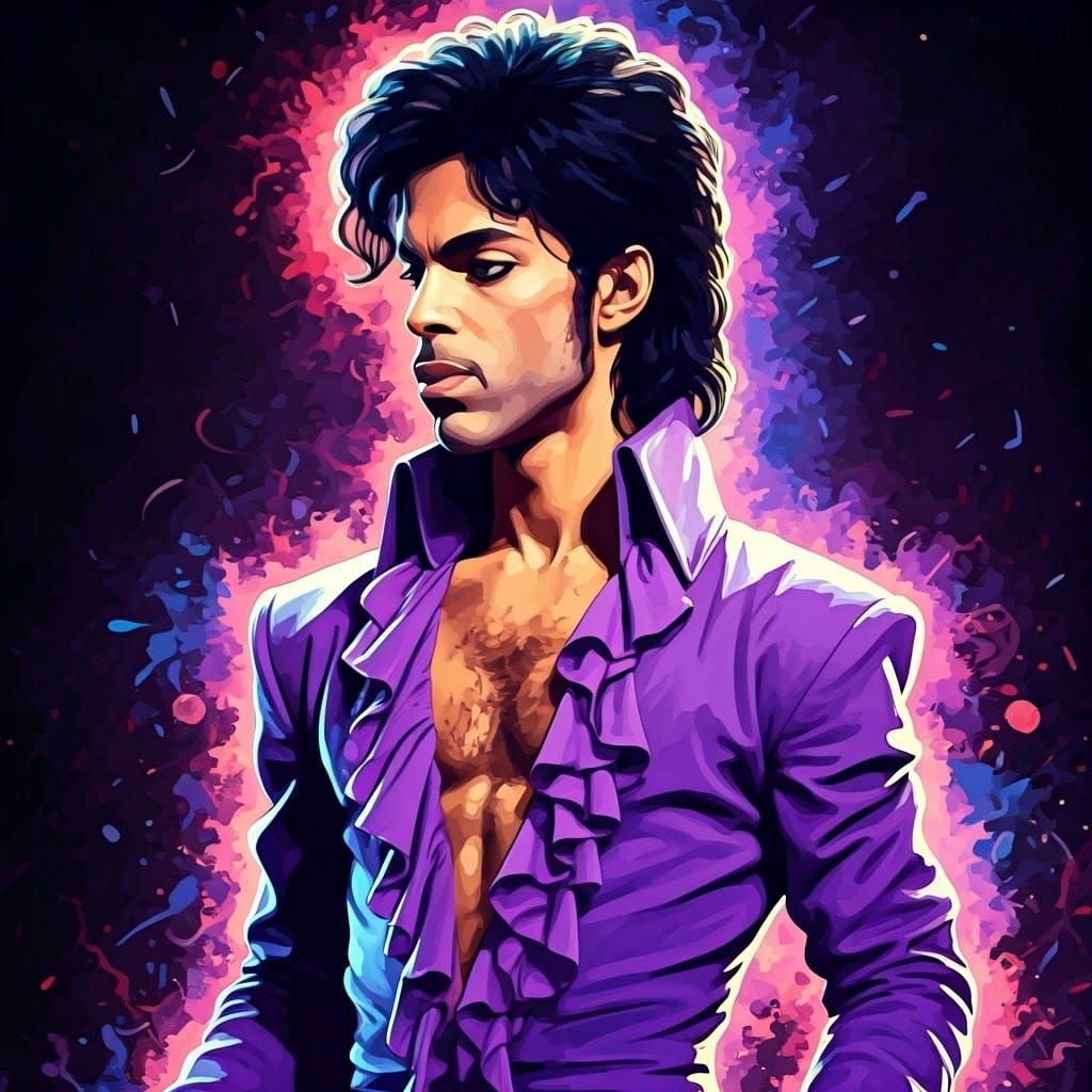 Charismatic Prince in Purple Rain Inspired Splash Art