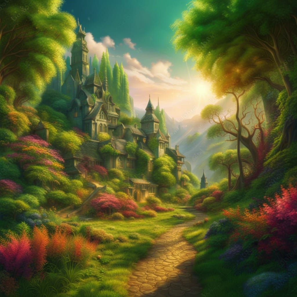 Picturesque Castle in Verdant Sun-Drenched Landscape