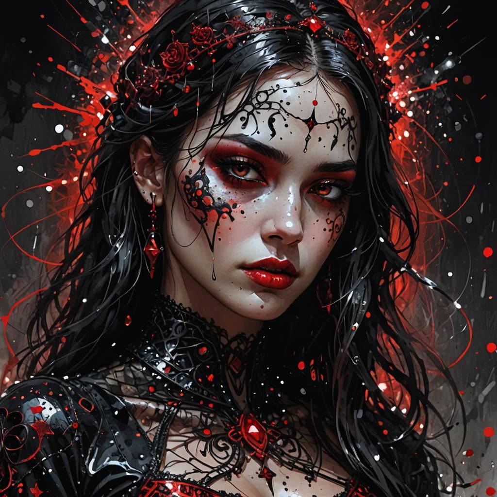 close up portrait of beautiful brasilian gothic female, , pretty body, pretty legs, perfect face, red, black, sparkles, ...