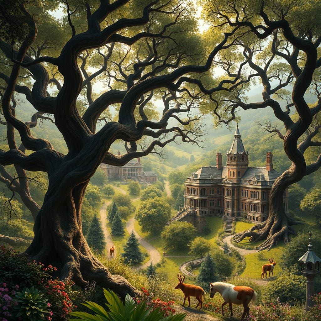 Surreal Penrose Triangle Landscape with Victorian Manors