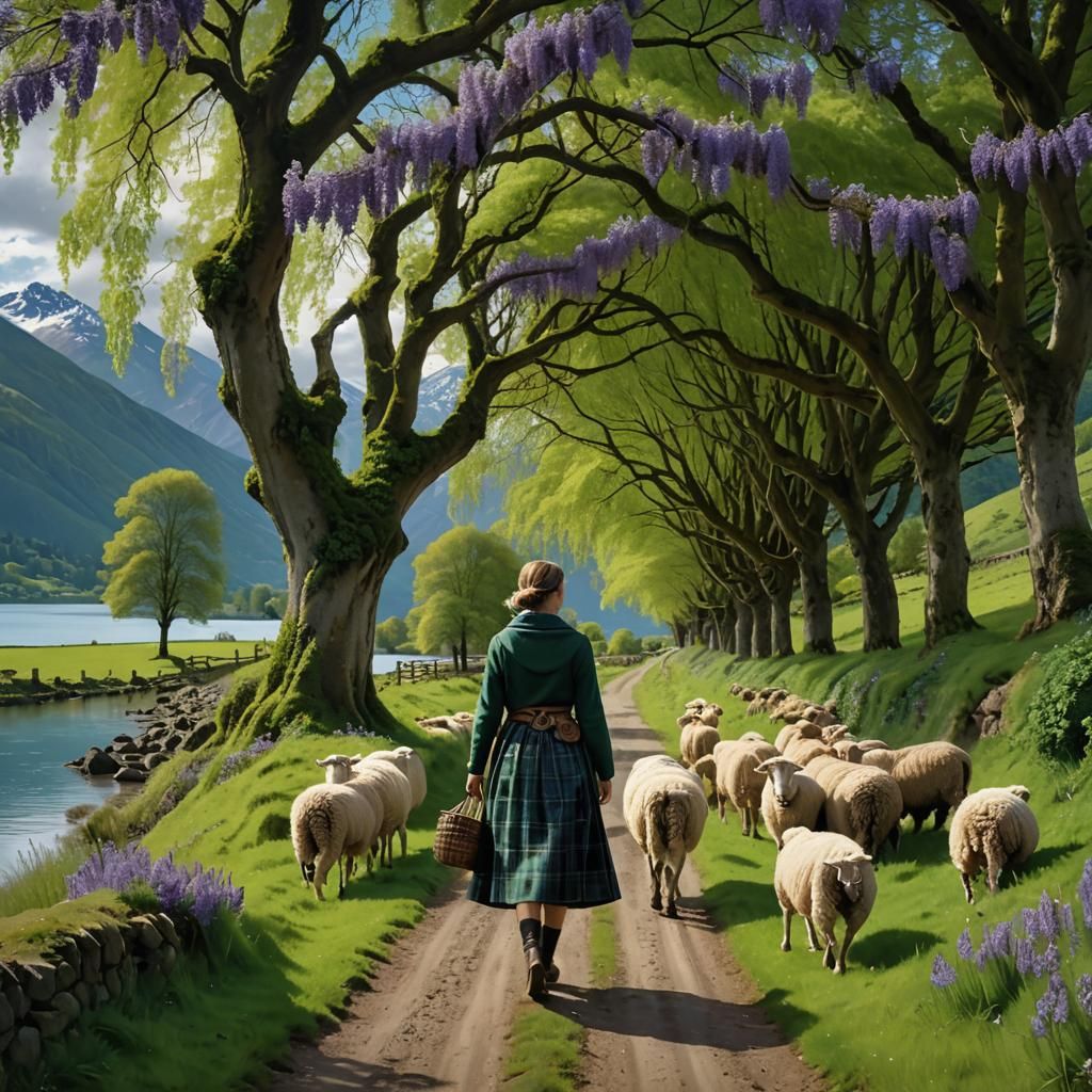 Highland Lake Scene with Wisteria in Fantasy Art Style