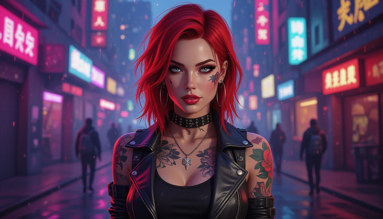 Edgy Redhead in Dystopian Nightlife, Matte Painting